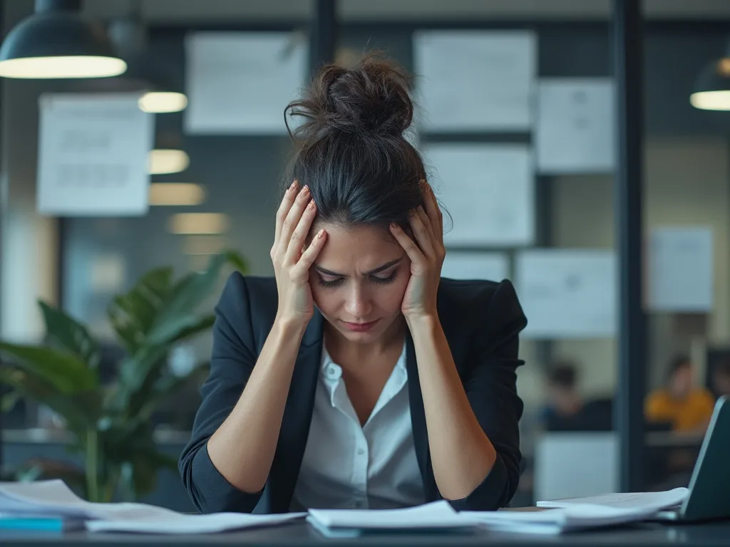 Imagen de un trabajador en una oficina mostrando signos de agotamiento y estrés laboral, representando los efectos del burnout en el ámbito laboral.