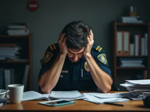 Agente de policía en una oficina mostrando signos de agotamiento, ilustrando el burnout en el cuerpo policial